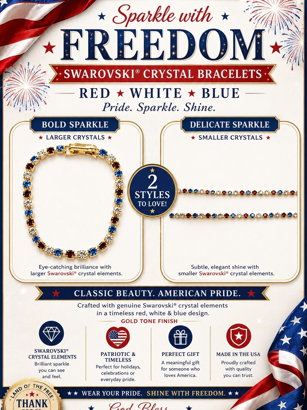 Swarovski Gold-Tone Red White Blue Crystal Bracelet Set